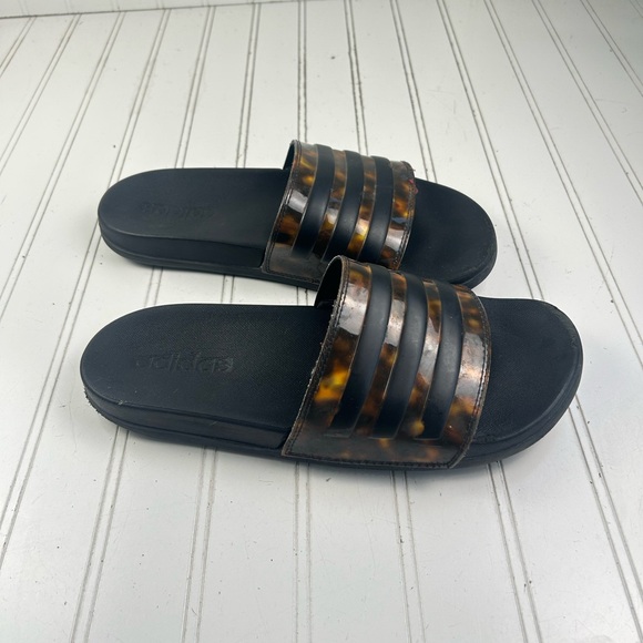 Adidas Adilette Comfort Black Tortoise Shell Pattern Women’s Slides Size 9 - Picture 2 of 11